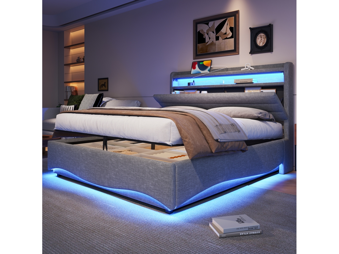 Cama tapizada gris de 140 x 200 cm sin colchón, LED, almacenaje hidráulico, USB/Tipo C, cabecero con compartimentos, terciopelo