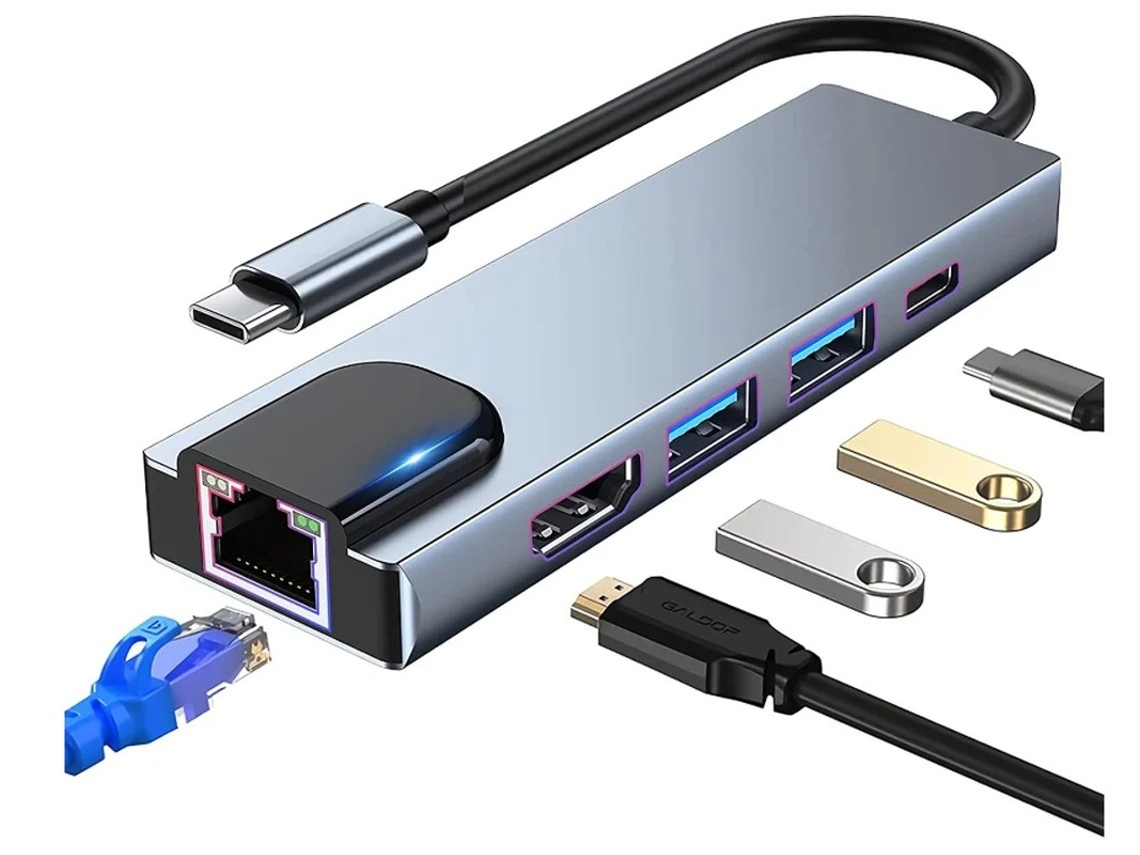 Adaptador multipuerto USB C Hub 5 en 1 Estación de acoplamiento USB C con HDMI 4K RJ45 Ethernet USB3.0 100W Pd Plata YIZHOOD