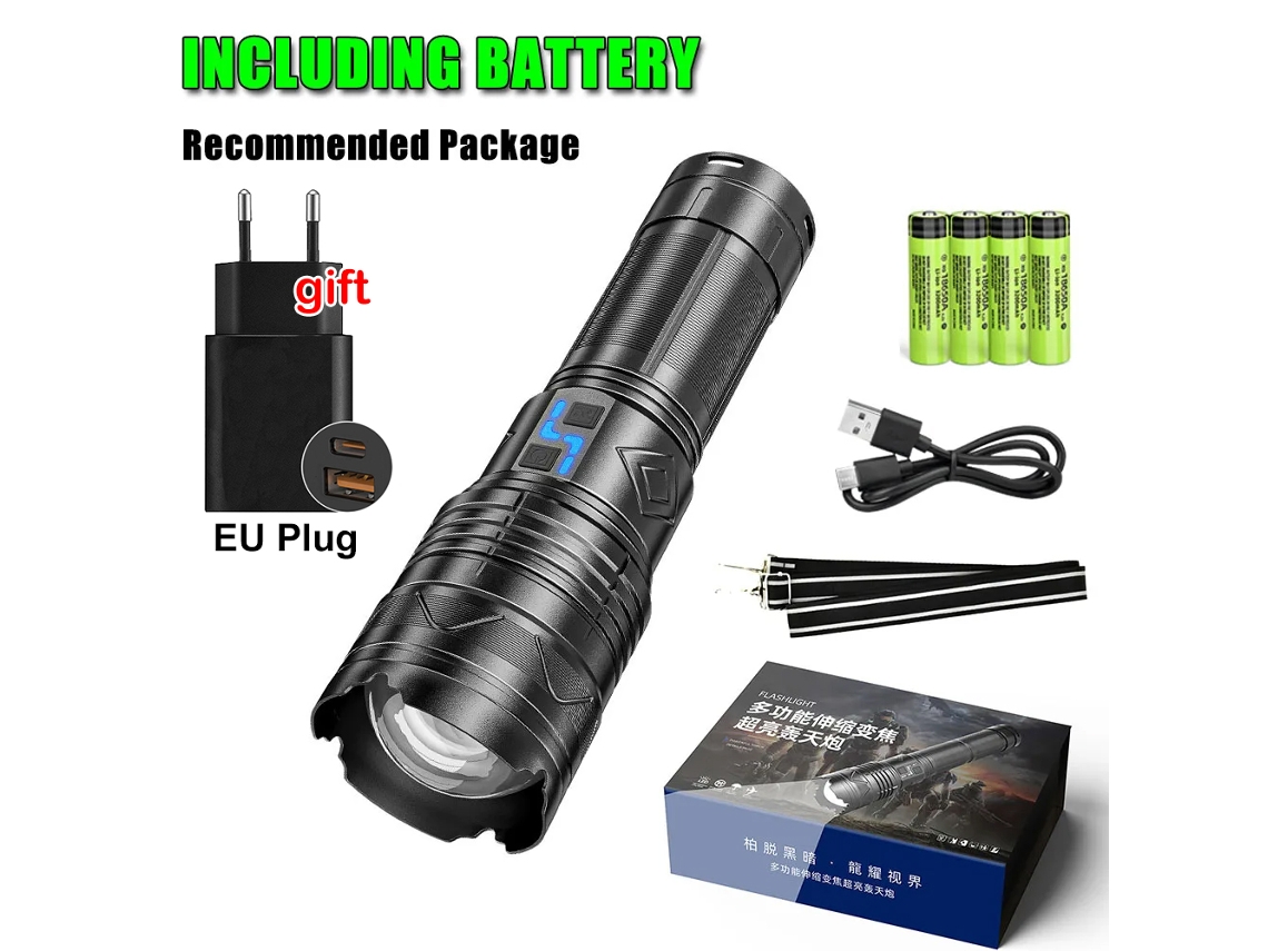 Linterna táctica LED GT60 de 20000 lm, superbrillante, 100 W, largo alcance, recargable, funciona con 4 baterías 181350A. Aeuzwr