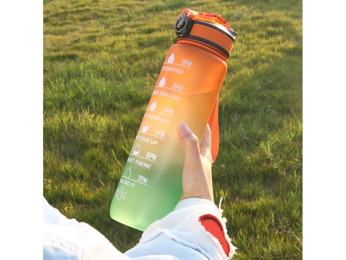 Botella deportiva de 1 litro con indicador de tiempo y diseño degradado, a prueba de fugas. Mdug (naranja)