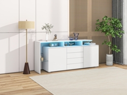 Aparador con iluminación LED, Mueble blanco alto brillo, Conjunto de salón, Mueble multifunción, Buffet