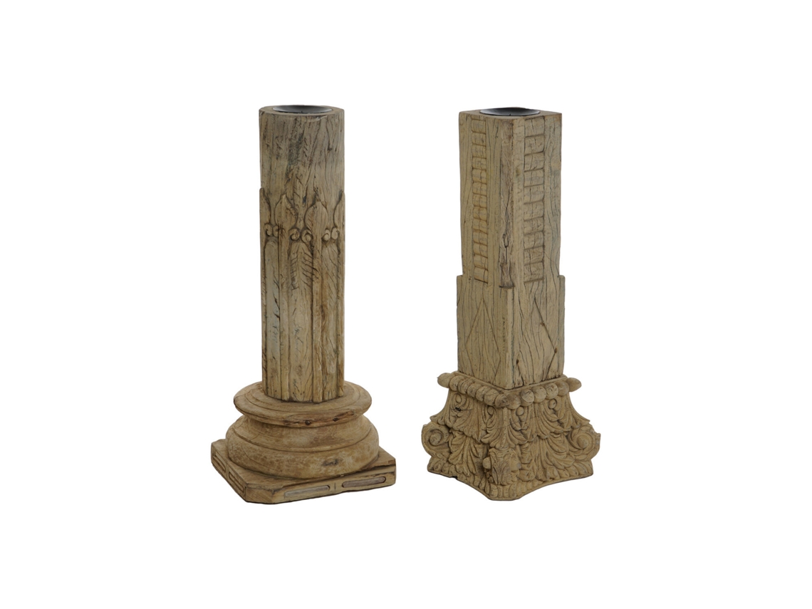 Coluna de teca, entalhes antigos, marrom, 28x28x88cm