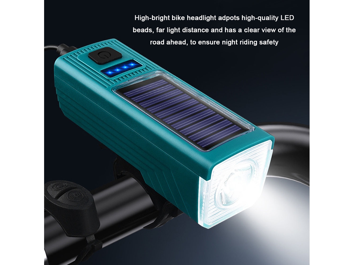 Luz De Bicicleta Led Solar Com Farol Dianteiro, 4 Modos De Luz, Buzina 130db E Power Bank, À Prova De Água