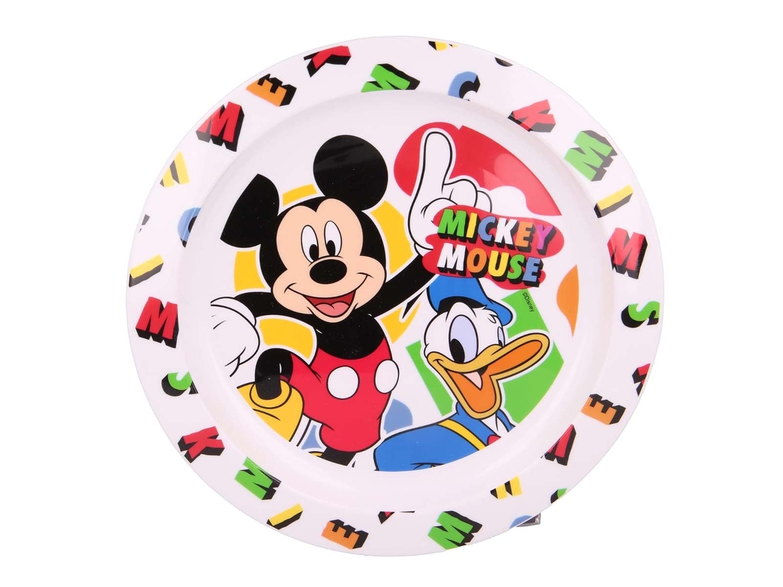 Plato de postre de plástico blanco sin BPA con estampado de Mickey y Donald.