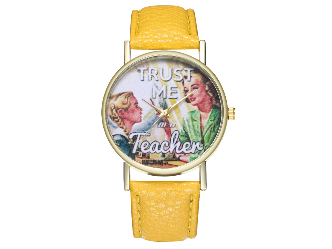 Reloj Unisex De Cuarzo Con Correa De Piel Sintética, Estampado De Dibujos Animados Moderno, Amarillo, Zhoulianfa