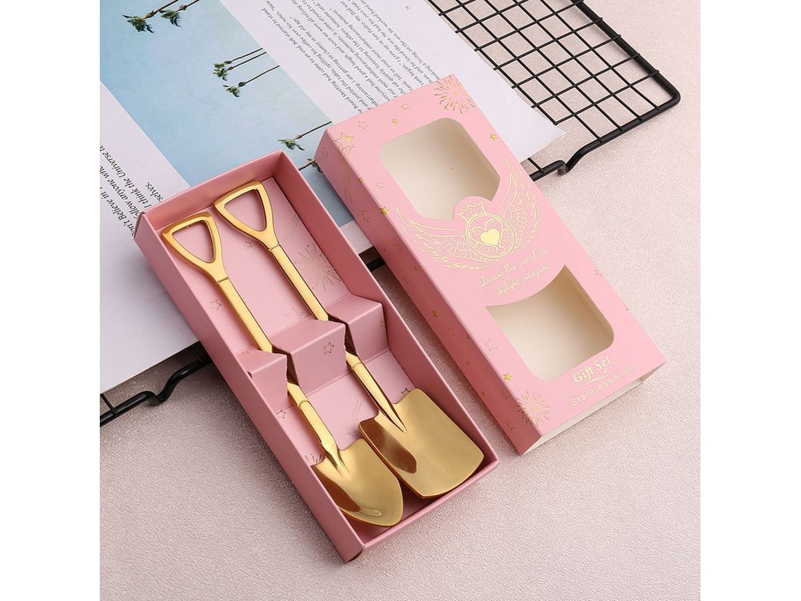 Cucharas de acero inoxidable con forma de pala, 2 piezas de hermosas cucharas para té y café (doradas)