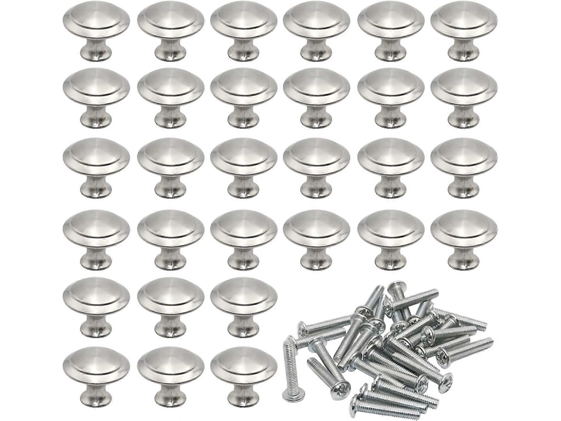 30 Tiradores Redondos De Acero Inoxidable Cepillado 27mm Forma De Champiñón Con Tornillos Para Cajones Y Muebles