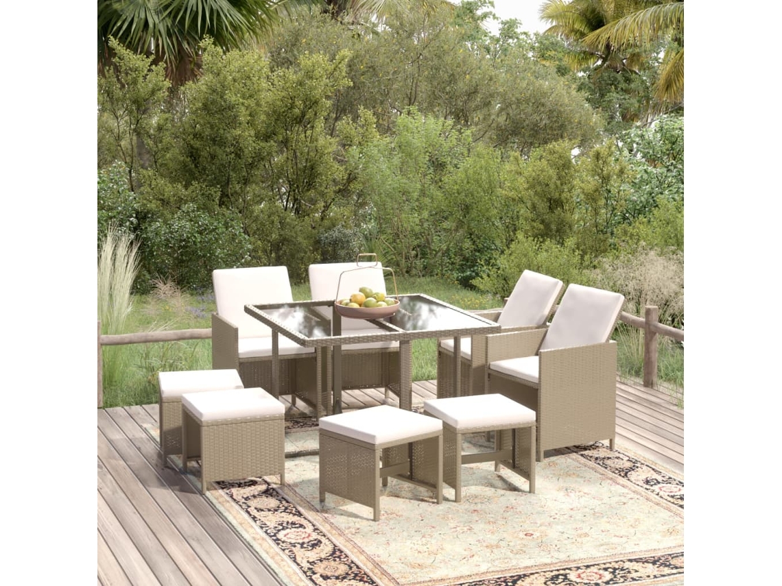 Juego de comedor de jardín de 9 piezas con cojines, mimbre sintético beige, DKD Home Decor