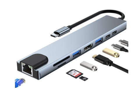 Hub USB C 8 en 1 Adaptador USB C para Macbook M1 Pro/Air con Ethernet Rj45 4K Hdmi 100W Carga Pd 2 puertos USB C Lectores Sd y Tf Estación BISBISOUS