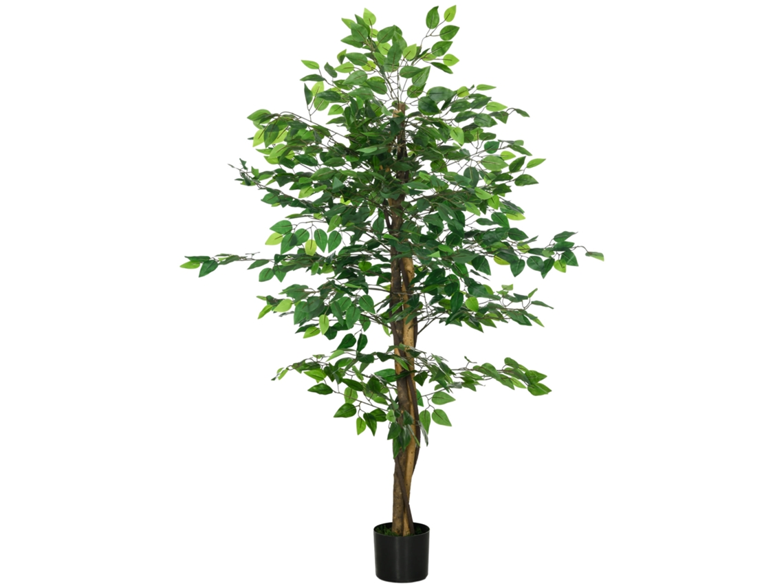 Planta de ficus artificial, 1,50 m de altura, tronco, ramas, maceta verde.