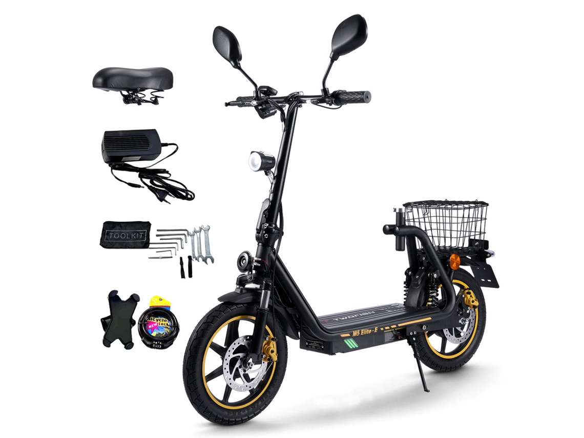 Patinete eléctrico Twofish M5 Elite E 500W 48V 13Ah Velocidad máxima 40km/h Autonomía 30km Neumáticos 14 Con asiento y cesta trasera Negro