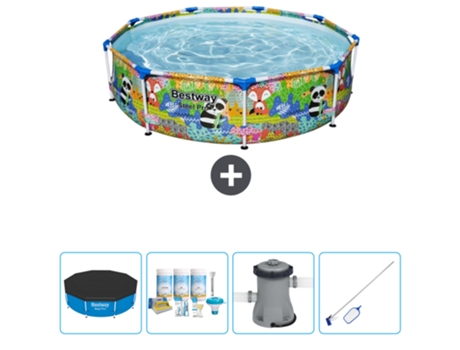 Piscina BESTWAY Round Steel Pro - 274 x 66 cm - Animal print - Incluida Cubrir - Paquete de mantenimiento - Bomba - kit de limpieza