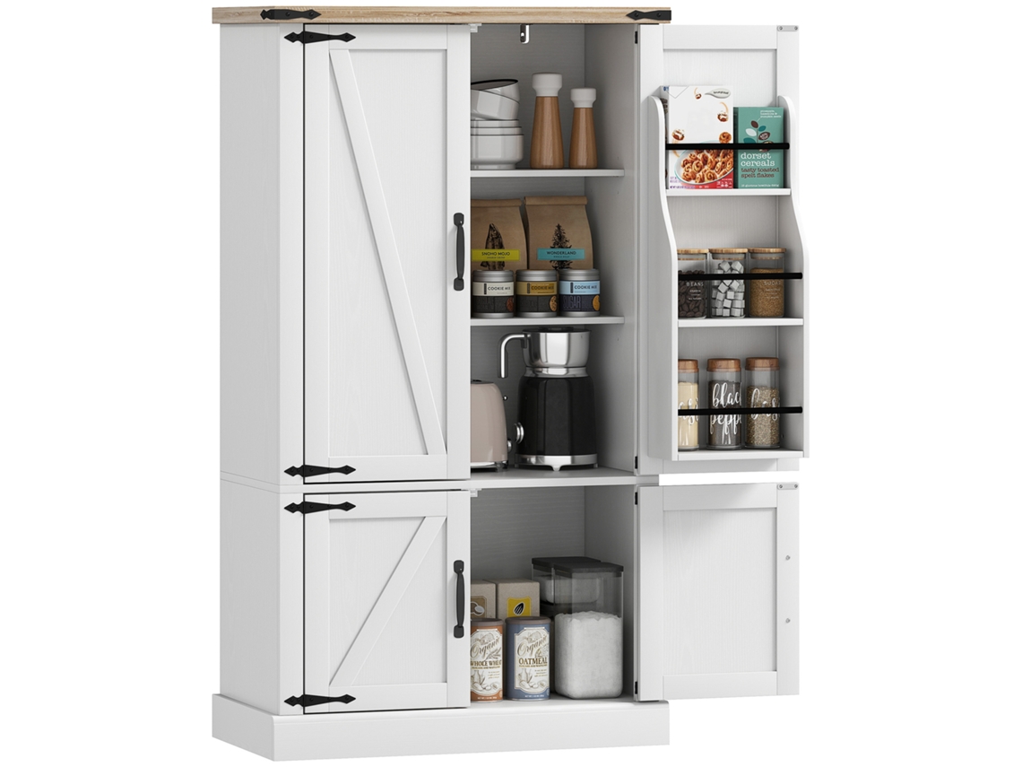 Aparador De Cocina, Mueble De Cocina Con 4 Puertas, 6 Especieros Y Estantes Ajustables, 76,3 X 40 X 136 Cm, Blanco