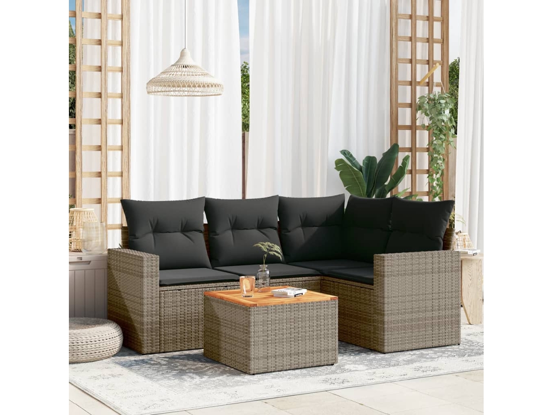 Conjunto de sofá de jardín de 5 piezas con cojines, ratán gris, DKD Home Decor
