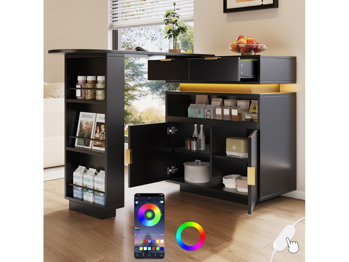Mesa De Bar Extensible De 115-183x40x99cm Con Luz Led Giratoria De 360°, Color Negro.