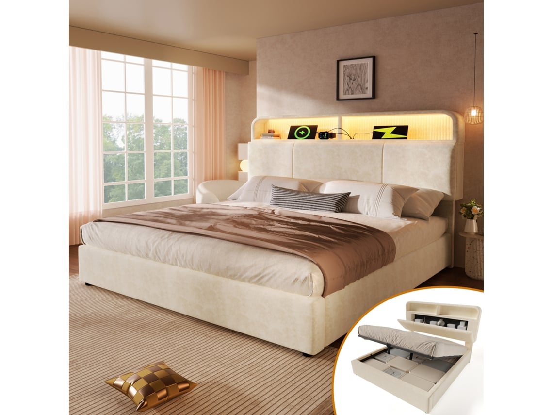 Cama Tapizada 140x190 Cm Terciopelo Beige, Led, Usb-c, Cabecero Ajustable, Somier De Láminas, Sin Colchón.