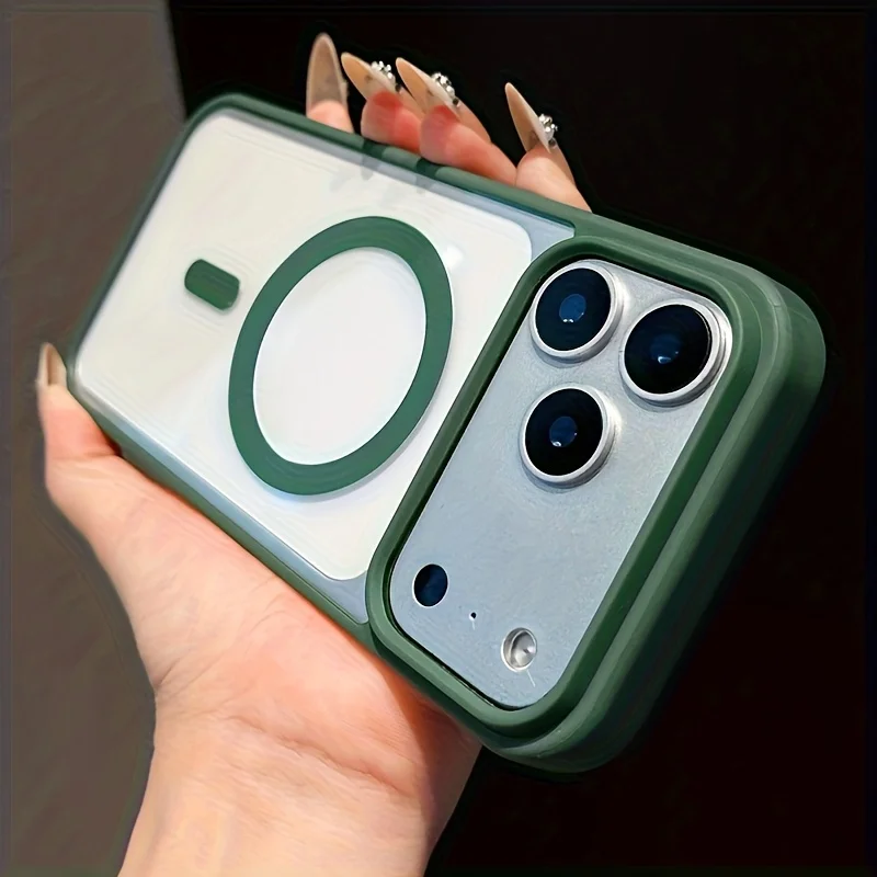 (iphone 14 Plus Verde) Funda Protectora Magnética Magsafe Con Carga Inalámbrica Y Cubierta Trasera Rígida Transparente.