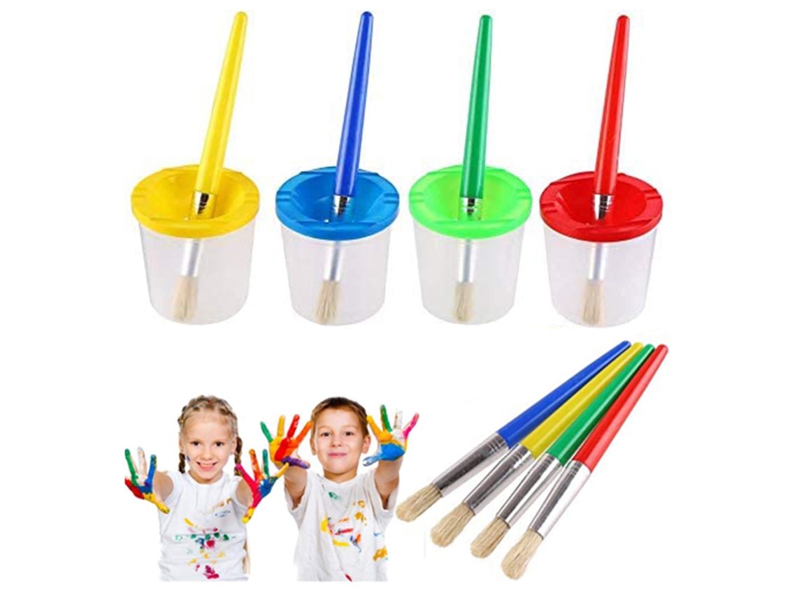 Ats-4 Pinceles De Pintura Y 4 Vasos De Pintura Sin Derramar Con Tapas Para Niños Principiantes