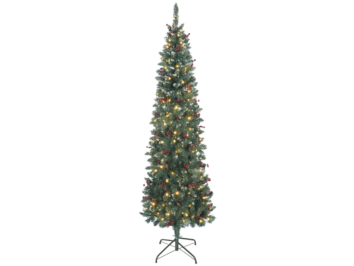 Árbol de Navidad delgado de 210 cm con luces LED, 8 modos de iluminación, 656 ramas con purpurina plateada, piñas y bayas verdes.