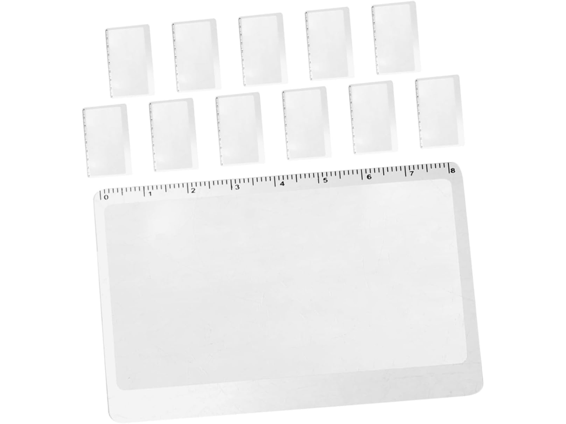 Juego de 12 tarjetas de lectura de bolsillo portátiles con lupa, marcapáginas y escala de medición.