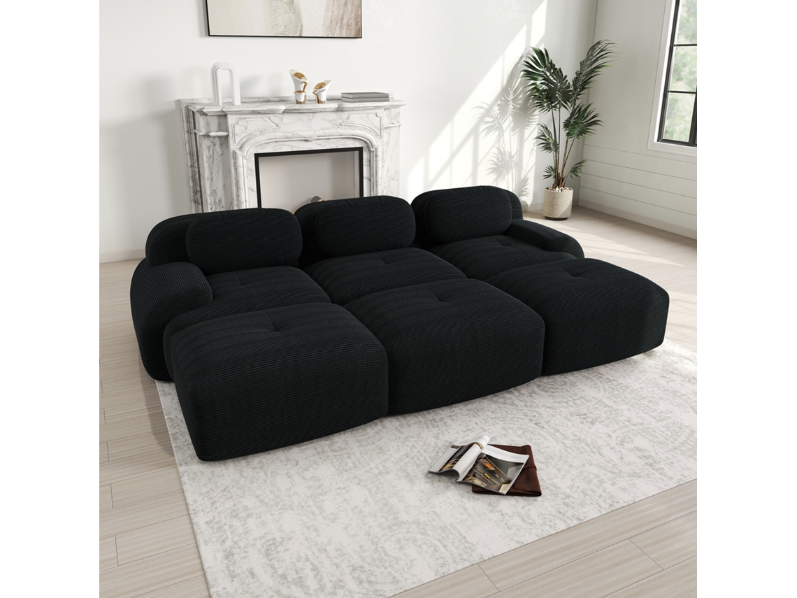 Sofá modular de 3 plazas con 3 otomanas, montaje sin herramientas, apto para mascotas, brazos extra anchos, negro, Mobrio