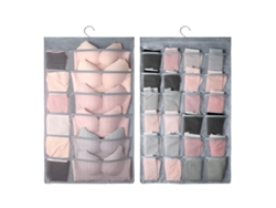 Organizador de ropa interior de doble cara para colgar sujetadores, bragas, calcetines y bolsa de almacenamiento gris.