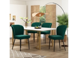 Mesa de 140 cm con 4 sillas en terciopelo verde y dorado.