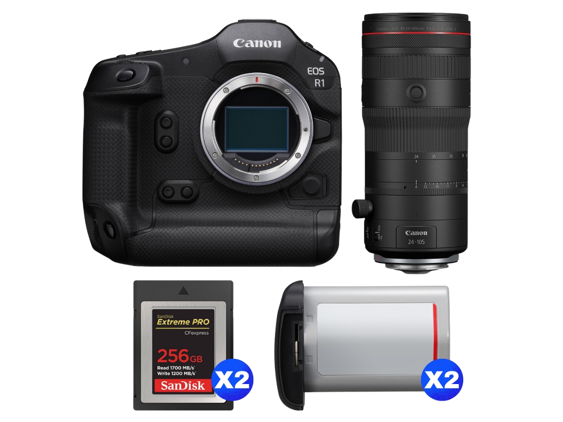 EOS R1 + RF 24 105 mm F/2.8 L IS USM Z + 2 tarjetas Sandisk Extreme Pro de 256 GB Cfexpress Tipo B + 2 tarjetas Canon LP E19 + Libro electrónico Pricedirect CANON