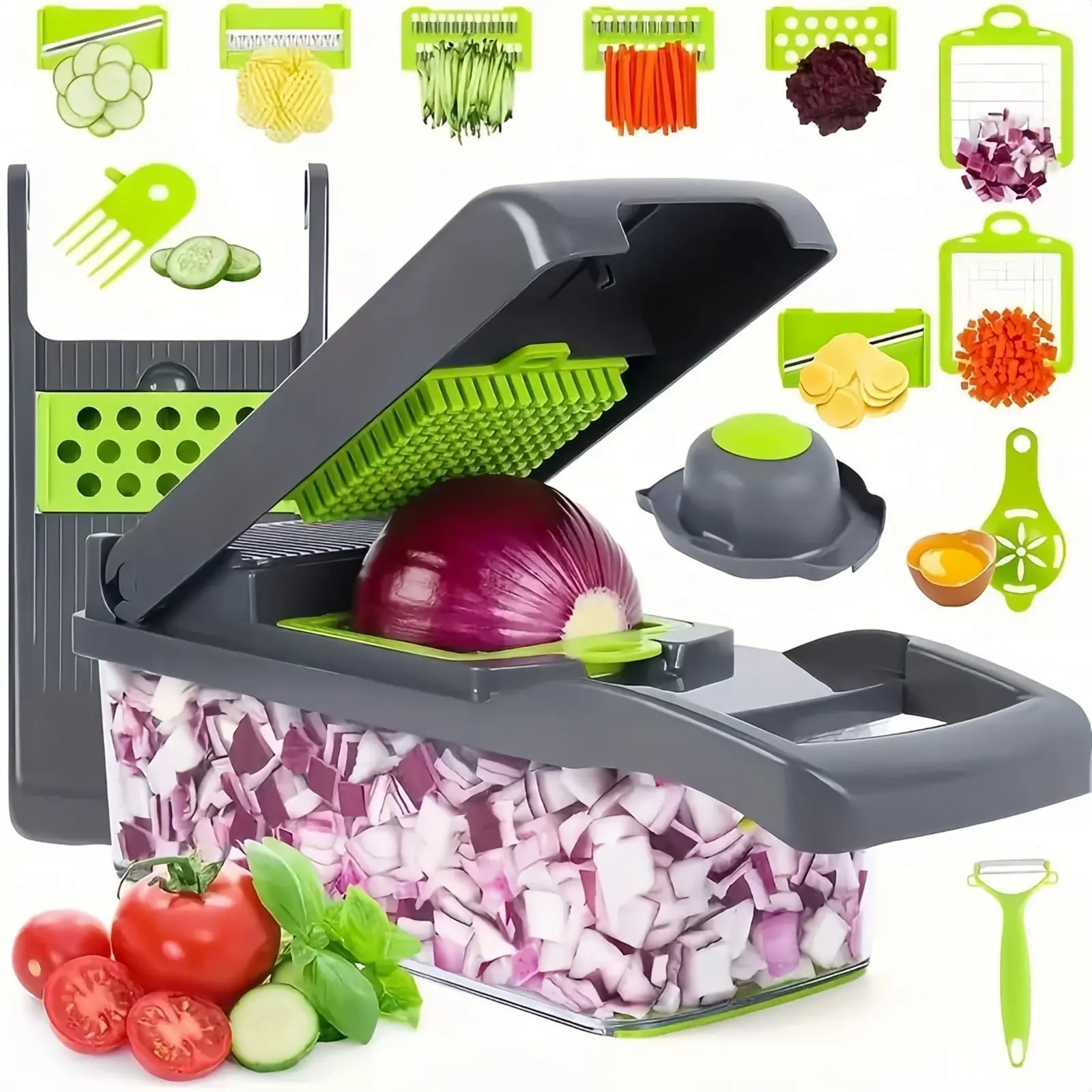 Cortador De Verduras Multifunción (16 En 1) Con Mango, Fabricado En Acero Inoxidable Y Plástico.