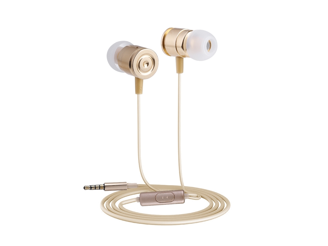 Auriculares metálicos EOOCOO con forma de bala y control por cable.