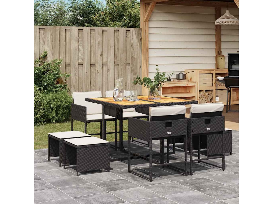 Juego de comedor de jardín de 9 piezas con cojines de mimbre negros de DKD Home Decor