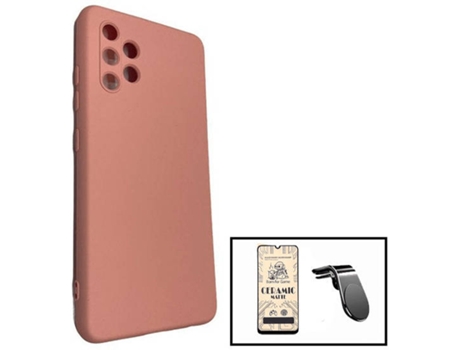 Kit Cristal Templado CeramicGlass Full Cover, Funda Silicona y Soporte Magnético L Safe Driving Coche Samsung Galaxy A32 4G PHONECARE Rosa
