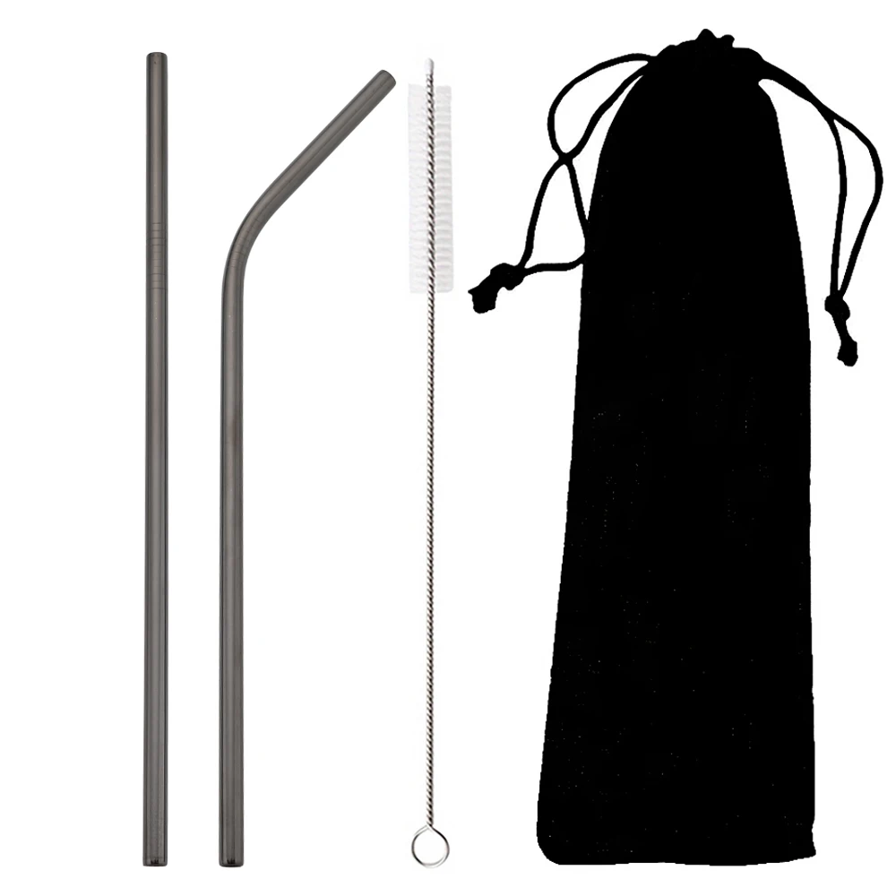 4 pajitas reutilizables negras de acero inoxidable, rectas y dobladas, con cepillo de limpieza, ideales para el hogar, el bar y fiestas. Aeuzwr