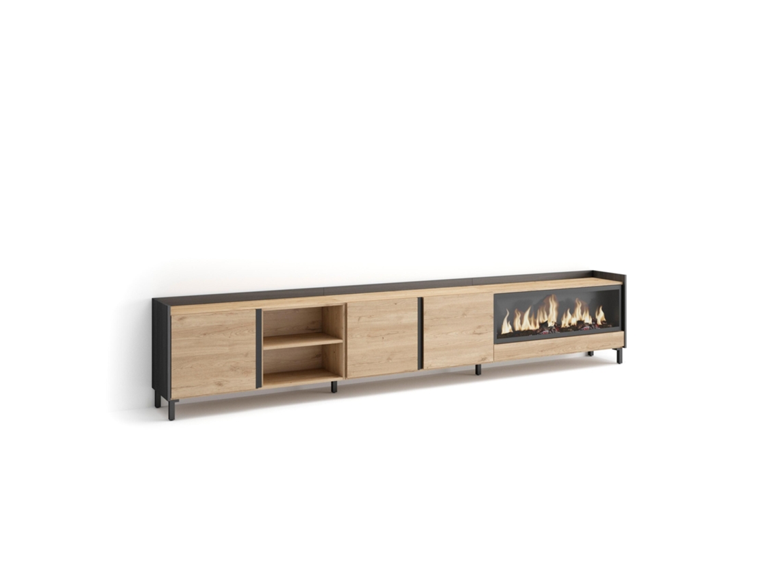 Mueble Tv, Televisión, 315x35x61cm, Para Tv Hasta 80", Chimenea Eléctrica Xxl, Diseño Industrial, Roble Y Negro