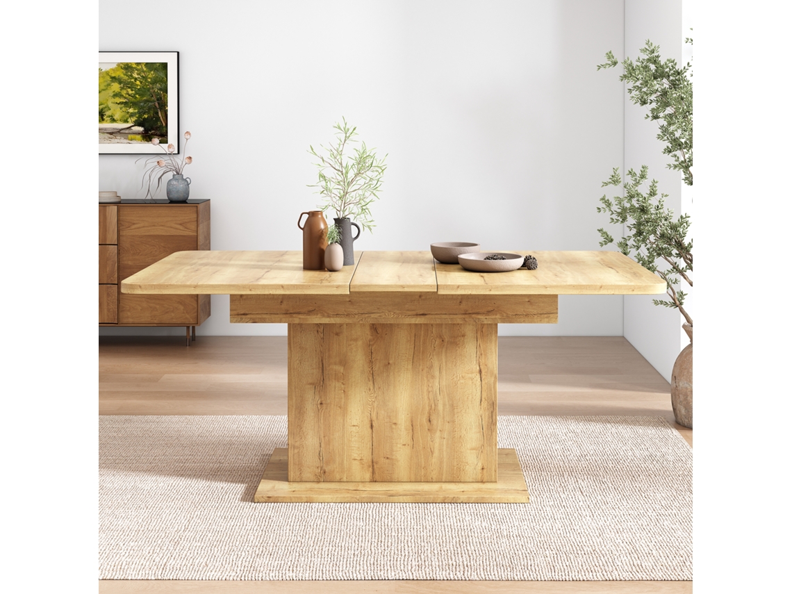 Mesa de comedor extensible moderna con espacio de almacenamiento debajo, estilo natural.