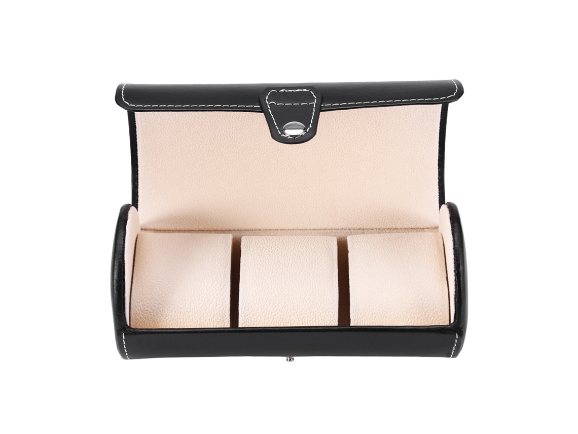 Estuche Cilíndrico Negro Para Reloj Con 3 Compartimentos De Almacenamiento Y Vitrina.