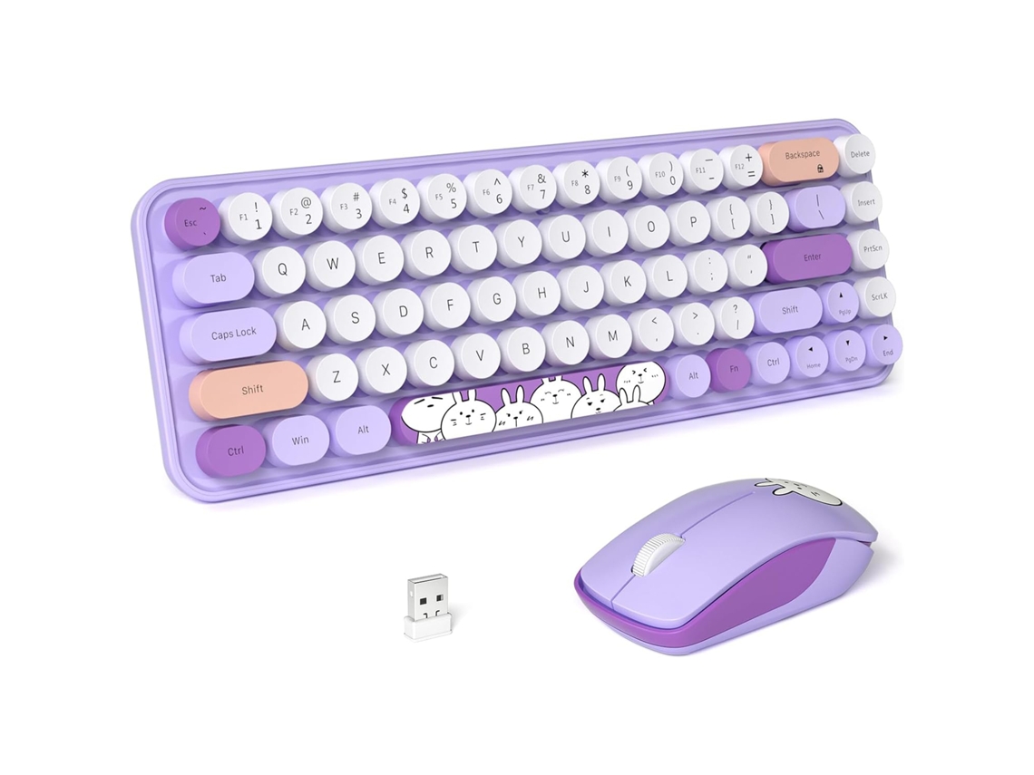 Teclado y ratón inalámbricos silenciosos de 2,4 g (morado), diseño de 68 teclas, funciones multimedia