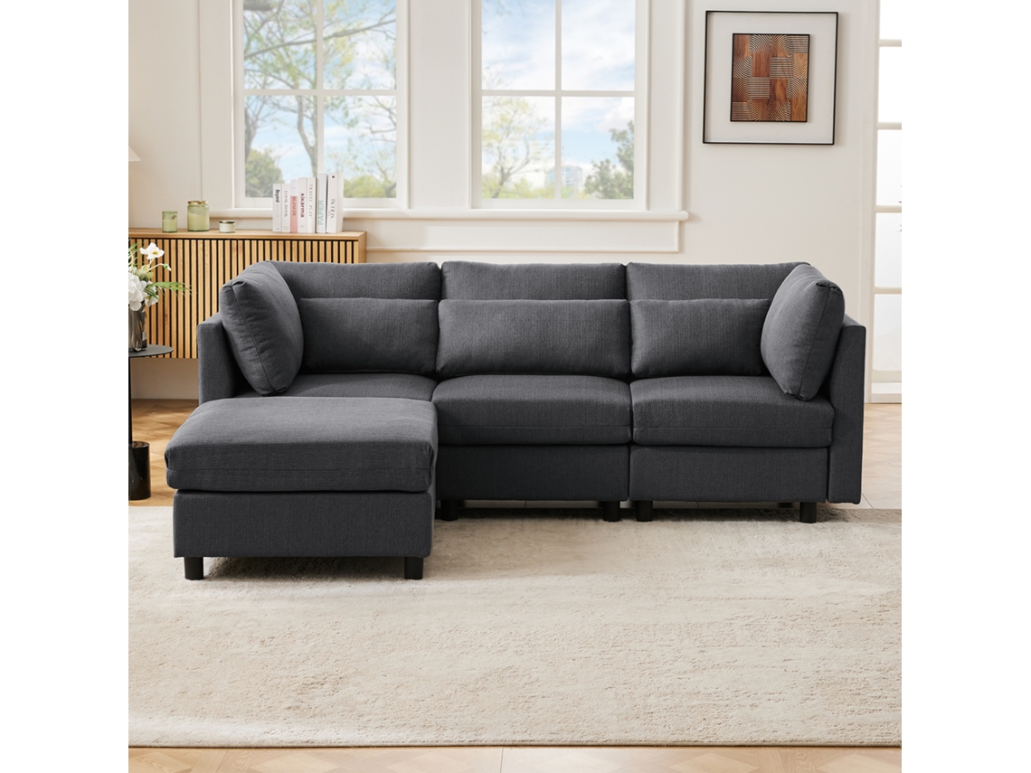 Sofá esquinero de 3 plazas en forma de L con puf, tapizado, ideal para salón.