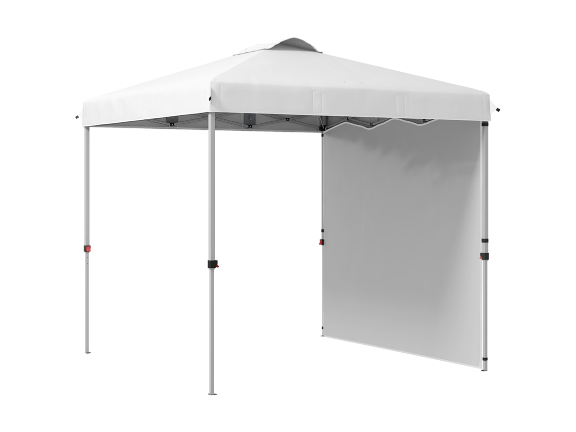 Tienda de jardín de 2,5 x 2,5 m con altura ajustable, paredes laterales con protección UV y sacos de arena blancos.