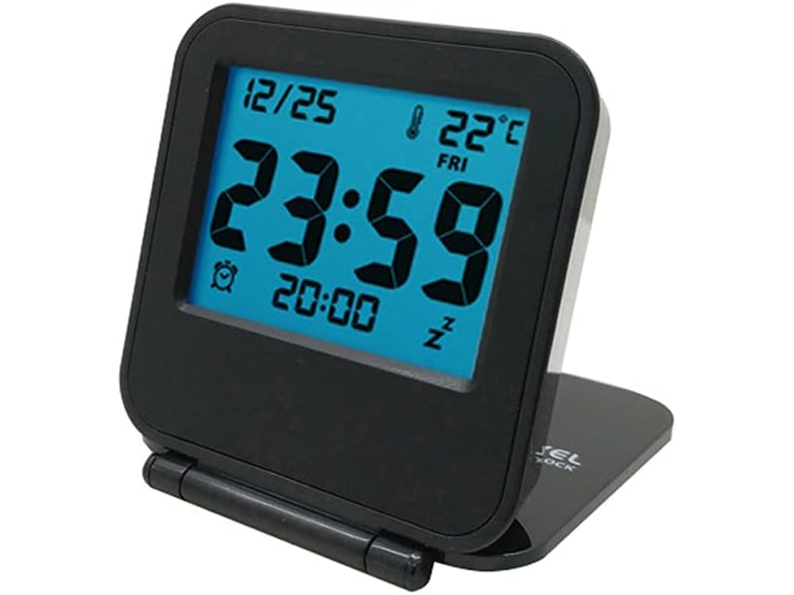 Mini reloj digital de viaje con pantalla LCD, calendario y temperatura, funciona con pilas, portátil y plegable, color negro clásico Jeiibrzui