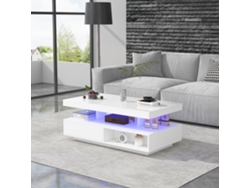 Mesa de centro con LED, 1 cajón y compartimentos abiertos, estilo moderno, color blanco