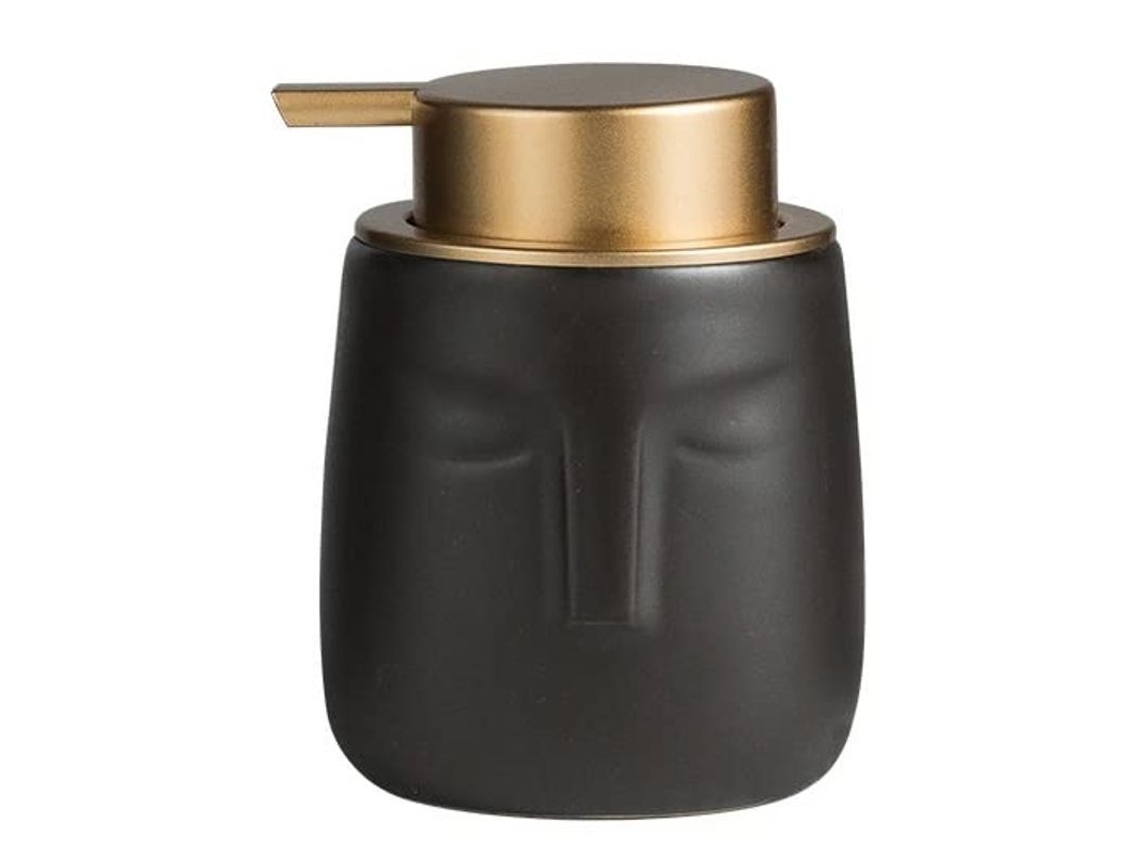 Dispensador de loción decorativo de cerámica, modelo 2026, con bombilla antienrojecimiento en color oro mate y diseño facial.