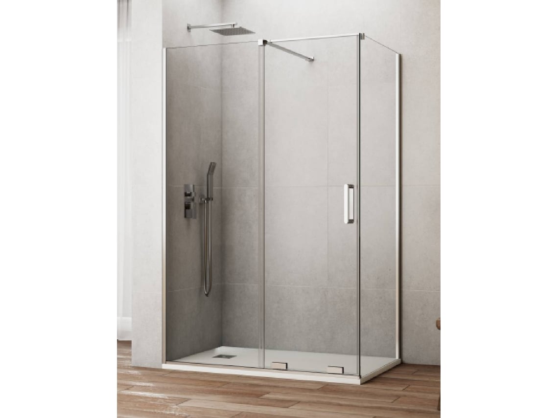 Mampara de ducha Cirene (Kenna) 1+1 con panel lateral fijo, 120x70 cm, barra perpendicular cromada.