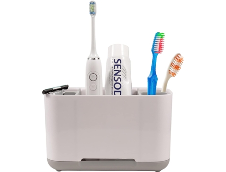 Soporte eléctrico para cepillos de dientes, organizador de cepillos de dientes y pasta de dientes con 2 divisores ajustables y antideslizante -Gris