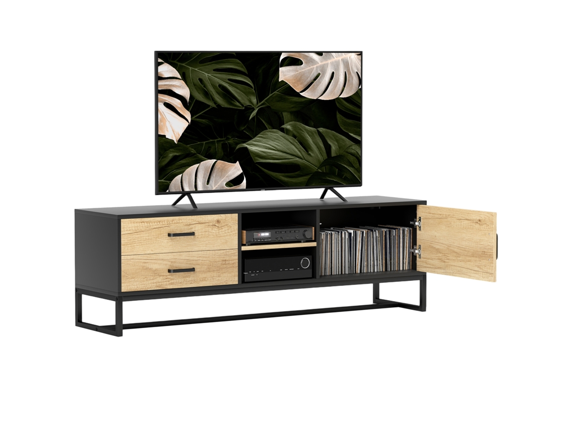 Suporte Para Tv Para Televisores De Até 60 Polegadas, Móvel Para Tv Com Compartimentos Abertos, 2 Gavetas, Madeira Natural.