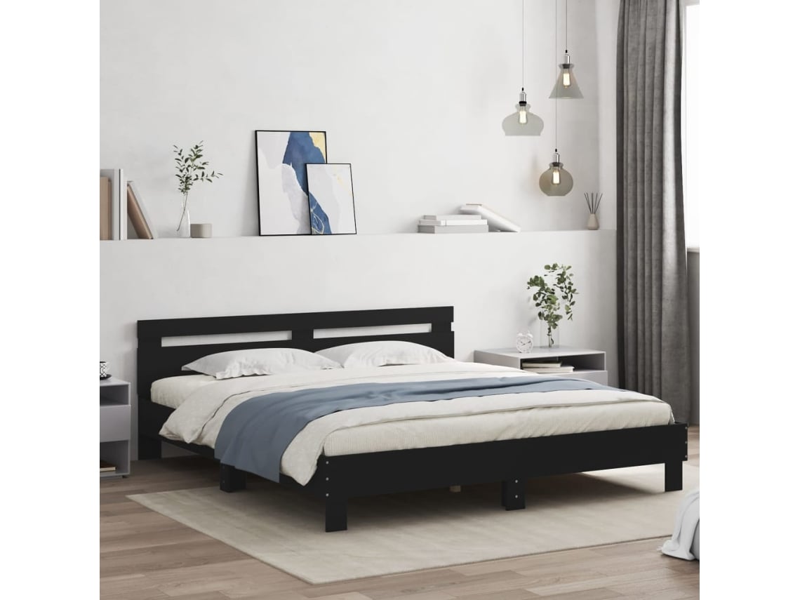 Estructura Cama Con Cabecero Madera Ingeniería Negro 160x200 Cm