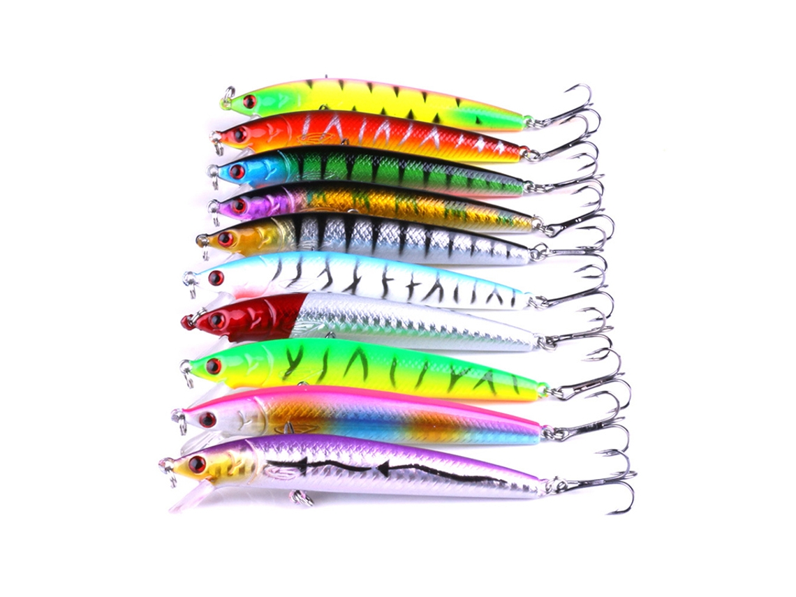 Paquete de 10 señuelos flotantes rígidos de 95 mm con grillete oscilante artificial, ideal para pesca en agua.