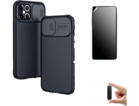 Kit Carcasa y Protector iPhone12 Pro Ultimatte, Nillkin Camshield y Soporte Magnético Negro
