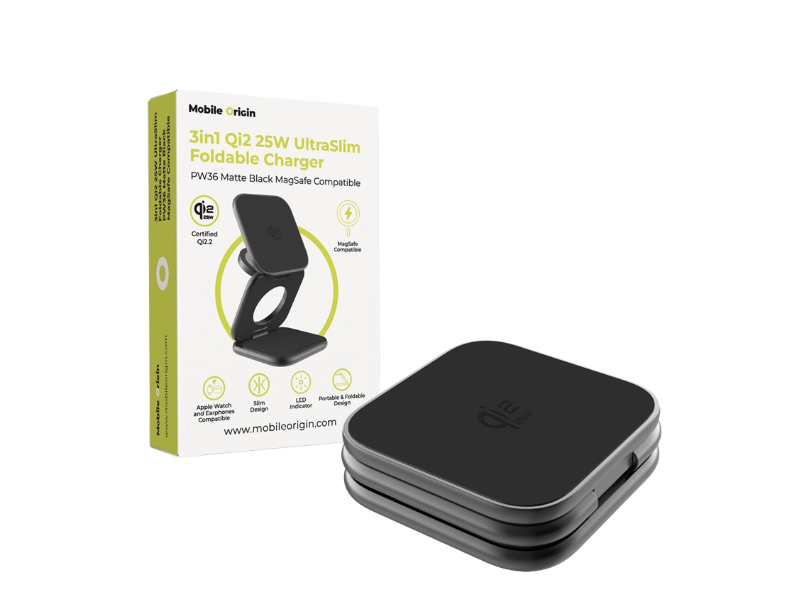 Cargador Inalámbrico 3 En 1 Mobile Origin Pw36 Qi2 Magsafe 25w Negro Mate