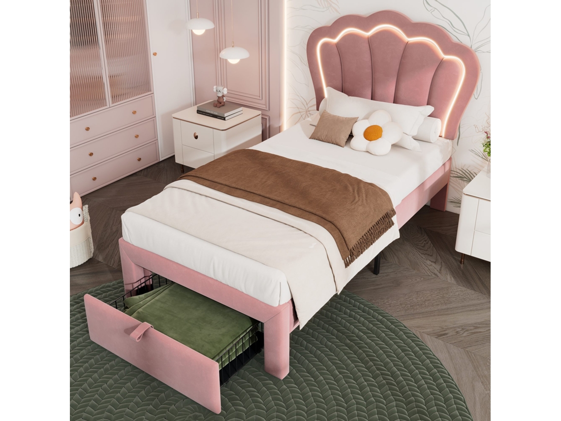 Cama infantil LED de 90 x 200 cm con cajones, cabecero ajustable, estructura de terciopelo, control por app, estilo rosa